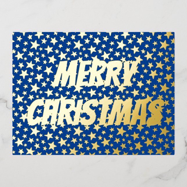 Merry Christmas typography stars navy blue elegant Foil Holiday Postcard (Front)