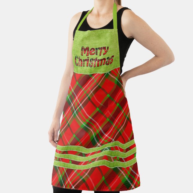 Merry Christmas Typography Tartan Red Green Plaid Apron (Insitu)