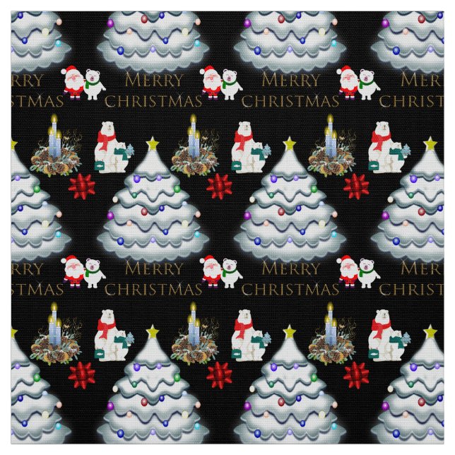 Merry Christmas typography Tree Candles Polar Bear Fabric (Swatch)