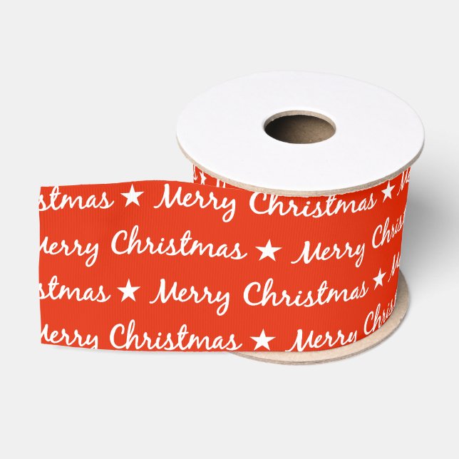 Merry Christmas Typography White Red Pattern Grosgrain Ribbon (Spool)