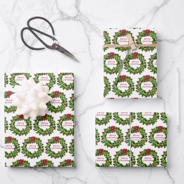 Merry Christmas Typography Wreath Red Green Wrapping Paper Sheet (Front)