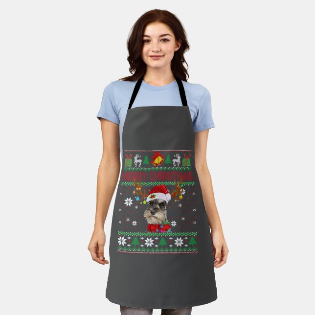 Merry Christmas Ugly Dog Schnauzer Santa Hat Apron (Worn)