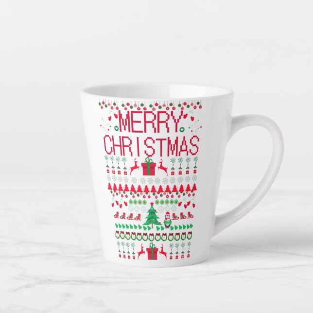 Merry Christmas Ugly Sweater Knit Pattern Latte Mug (Right)