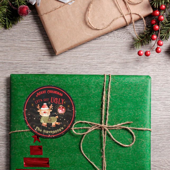 Merry Christmas & Ugly Sweater Reindeer  Classic Round Sticker (Merry Christmas & Ugly Sweater Reindeer Classic Round Sticker)