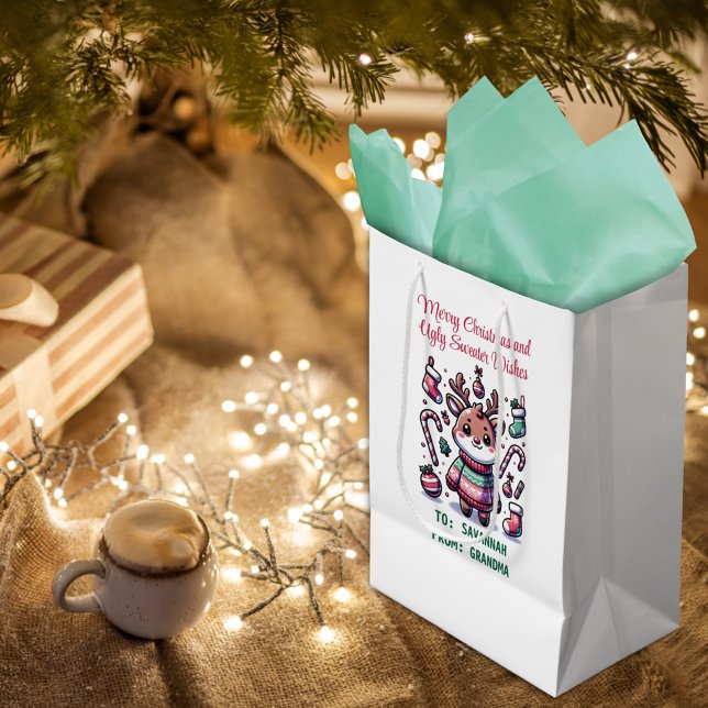 Merry Christmas & Ugly Sweater Wishes Reindeer Medium Gift Bag (Creator Uploaded)