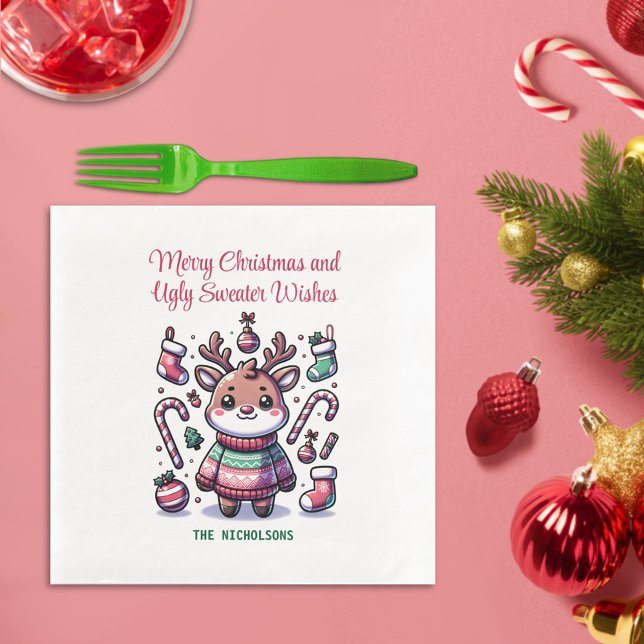 Merry Christmas & Ugly Sweater Wishes Reindeer Napkin (Creator Uploaded)