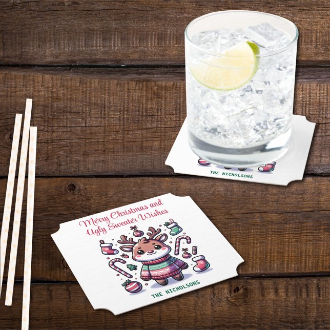 Merry Christmas & Ugly Sweater Wishes Reindeer Paper Coaster (Creator Uploaded)