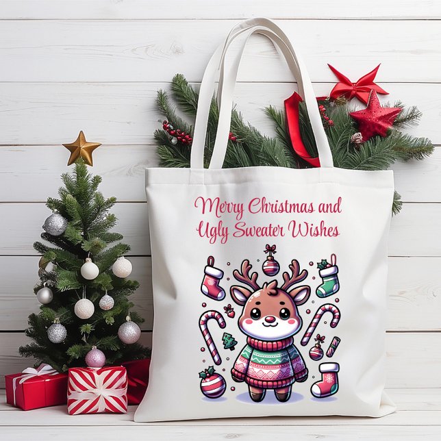 Merry Christmas & Ugly Sweater Wishes Reindeer Tote Bag (Creator Uploaded)