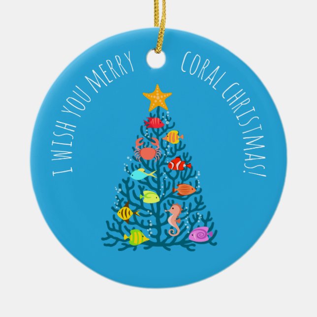 Merry Christmas Undersea Coral Tropical Fish Ceramic Tree Decoration (Front)