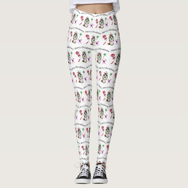 Merry Christmas Unicorn and  Holiday Candy Leggings (Front)