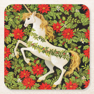 Merry Christmas Unicorn Red Green White Square Paper Coaster