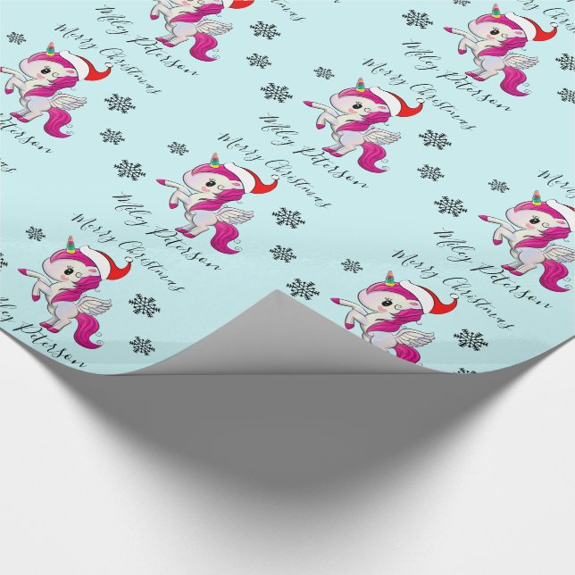 Merry Christmas unicorn & snowflakes personalised Wrapping Paper (Corner)