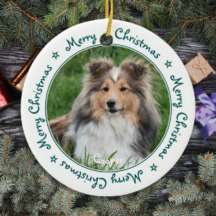 Merry Christmas Unique Trendy Green Pet Dog Photo Ceramic Tree Decoration