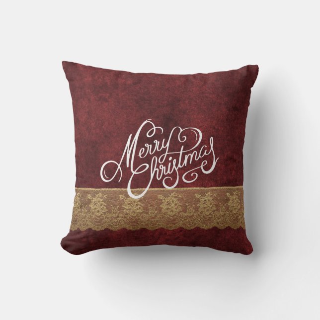 Merry Christmas Velvet Lace Red Gold Holiday Cushion (Front)