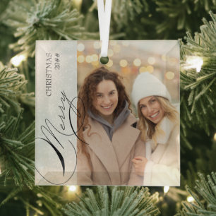 Merry Christmas Vertical Photo Snowflake Glass Tree Decoration