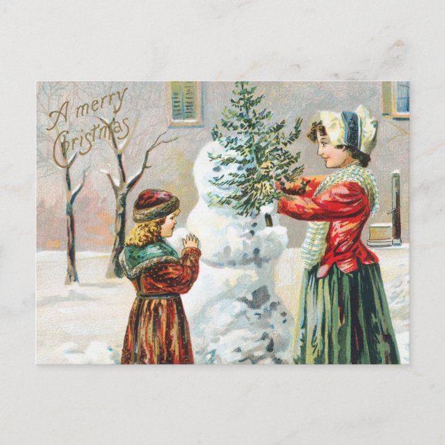 Merry Christmas Victorian Family and Snowman  Postcard (Front)