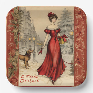 Merry Christmas Victorian Lady Illustration  Paper Plate
