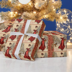 Merry Christmas Victorian Lady Illustration Wrapping Paper