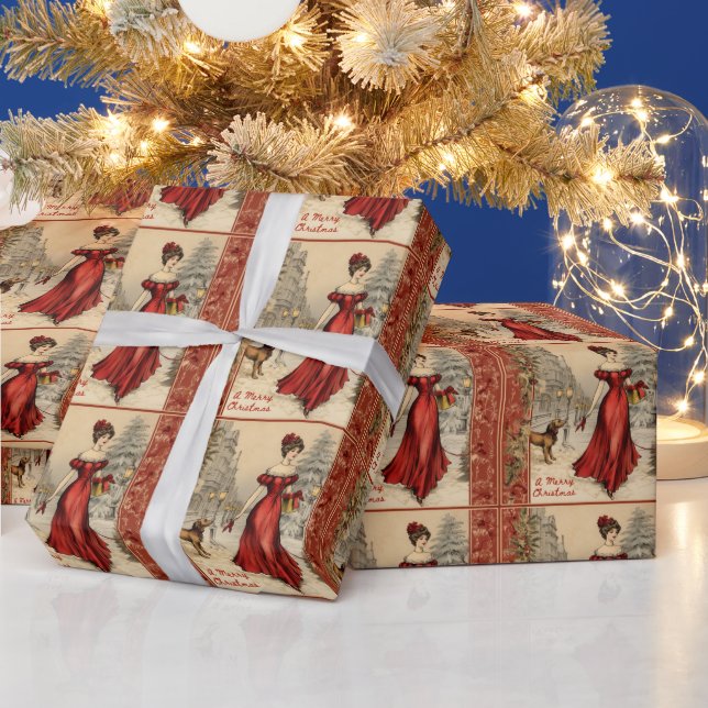 Merry Christmas Victorian Lady Illustration  Wrapping Paper (Holidays)