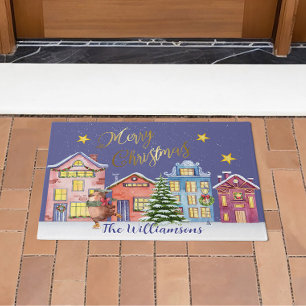 Merry Christmas Village Scene Holiday Doormat