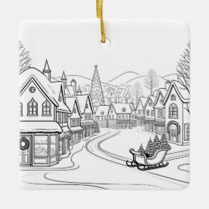 Merry Christmas Village Snow Scene Personalised Ceramic Ornament