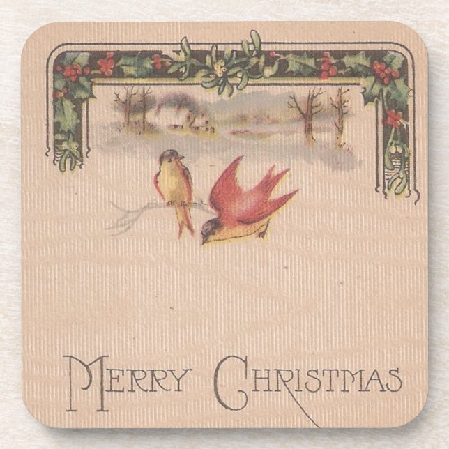 Merry Christmas Vintage Birds Coaster (Front)