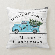 Merry Christmas Vintage Blue Truck Throw Pillow