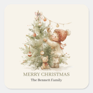 Merry Christmas Vintage Boy Christmas Tree Square Sticker