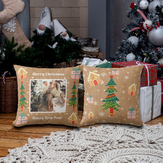 Merry Christmas Vintage Brown Family Photo  Cushion (Creator Uploaded)