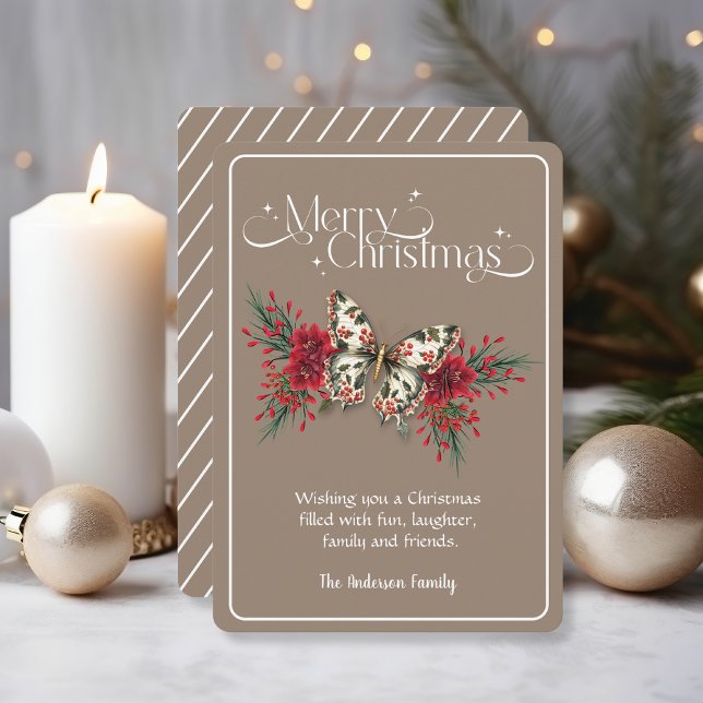Merry Christmas Vintage Butterfly Poinsettia Holiday Card (Creator Uploaded)