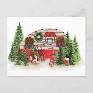 Merry Christmas Vintage Camper in the Woods Holiday Postcard