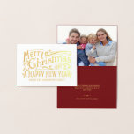 Merry Christmas Vintage Chalkboard Gold Foil Foil Card<br><div class="desc">Vintage chalkboard style hand lettered Christmas typography folded holiday greeting cards with optional photo. Elegant shimmering foil highlights the festive hand-drawn retro lettering and fancy swirls. Add a photo and create your own customised message with our easy template, or get creative and change the background, text styles and colours inside....</div>