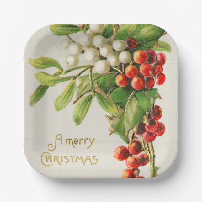 Merry christmas vintage cherry  holiday  paper plate (Front)