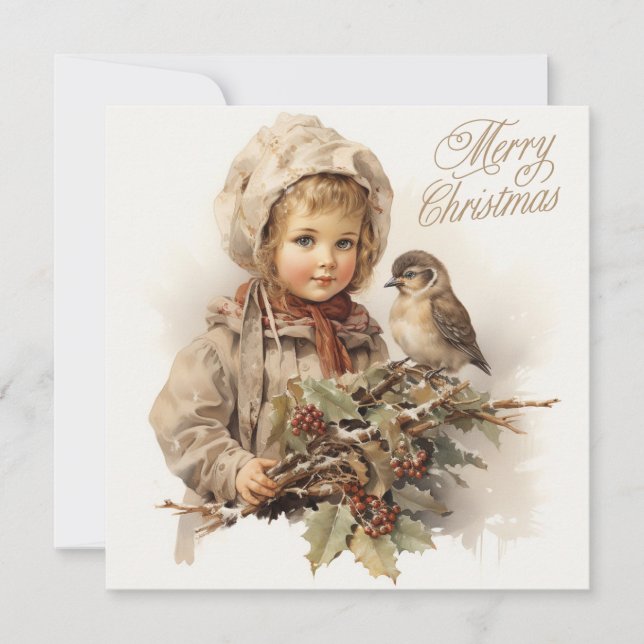 Merry Christmas Vintage Child with Bird  Holiday Card (Front)