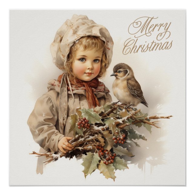 Merry Christmas Vintage Child with Bird  Poster (Front)