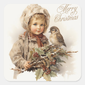 Merry Christmas Vintage Child with Bird Square Sticker