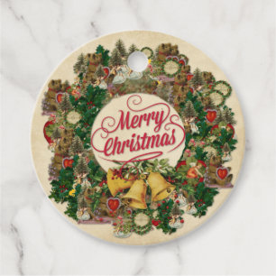 Merry Christmas Vintage Colourful Ornament Wreath Favour Tags