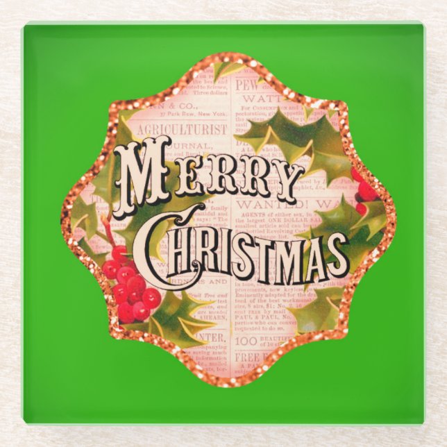 Merry Christmas Vintage Country Gift Glass Coaster (Front)