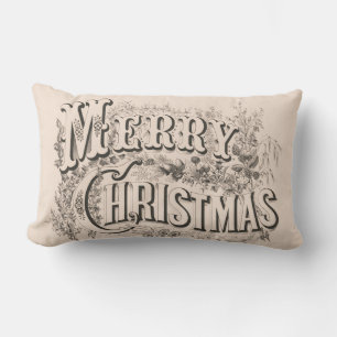 Merry Christmas, Vintage Currier & Ives Print Lumbar Cushion