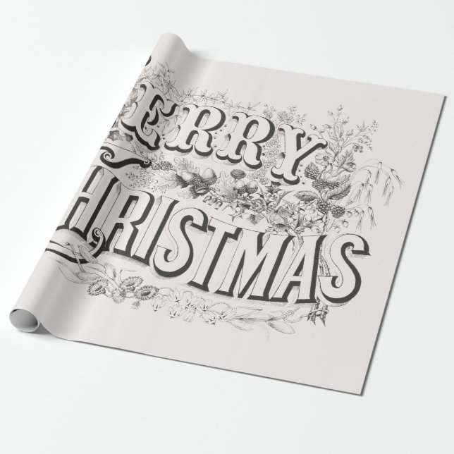 Merry Christmas, Vintage Currier & Ives (reprod) Wrapping Paper (Unrolled)