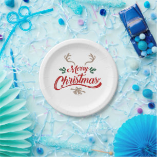 Merry Christmas Vintage Design Red & Green Paper Plate