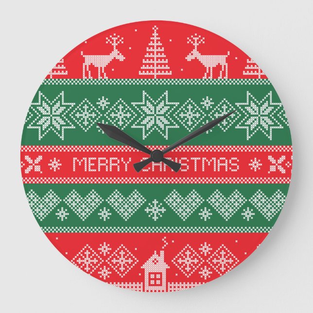 Merry Christmas: vintage festive pattern. Large Clock (Front)