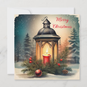 Merry Christmas Vintage Lantern with Candle Holiday Card