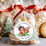 Merry Christmas | Vintage Little Elf Personalised Classic Round Sticker<br><div class="desc">Personalised adorable little vintage black elves in winter hat. Cute green and red vintage style retro stickers to give you a nostalgic feeling.</div>