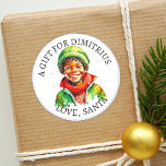 Merry Christmas | Vintage Little Elf To and From  Classic Round Sticker<br><div class="desc">Personalised adorable little vintage ethnic elf child in winter hat. Cute green and red vintage style retro stickers to give you a nostalgic feeling.  To and from gift tag.</div>