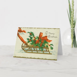 Merry Christmas - vintage postcard, sled and holly Card