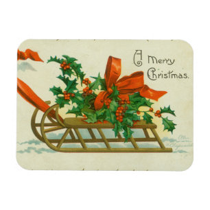 Merry Christmas - vintage postcard, sled and holly Magnet