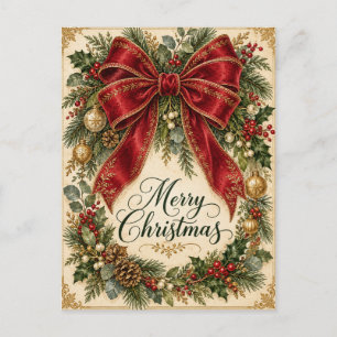 Merry Christmas Vintage Red Bow Wreath Postcard