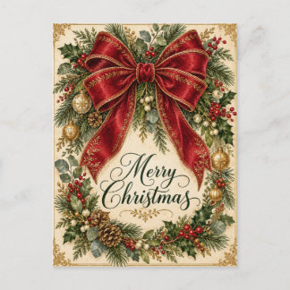 Merry Christmas Vintage Red Bow Wreath Postcard