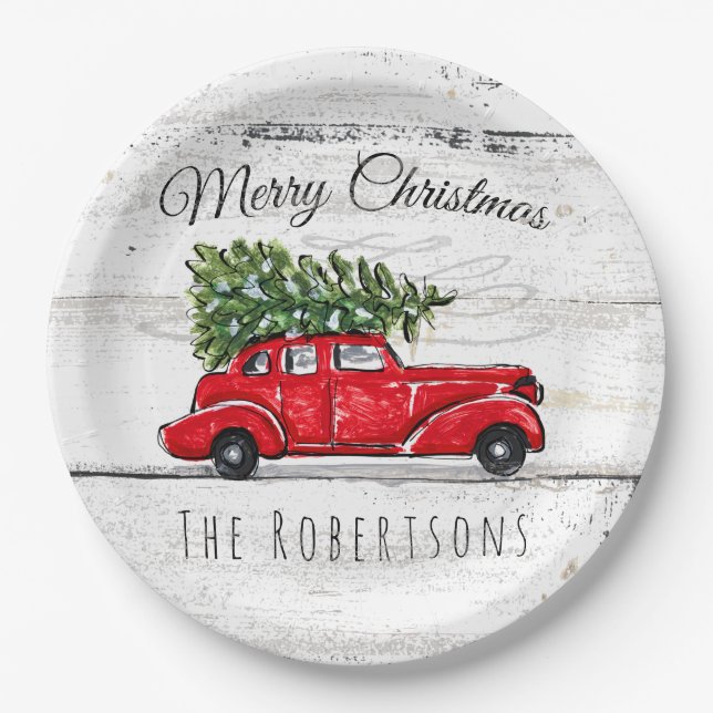 Merry Christmas Vintage Red Car Custom Paper Plate (Front)